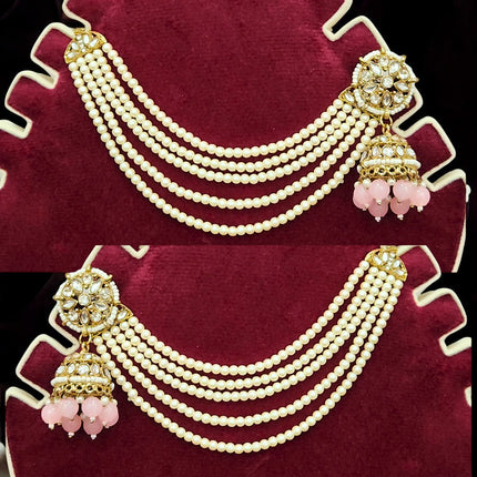 Baby Pink Traditional Kundan & Pearls Bahubali Chain Jhumka Earring For Women & Girls