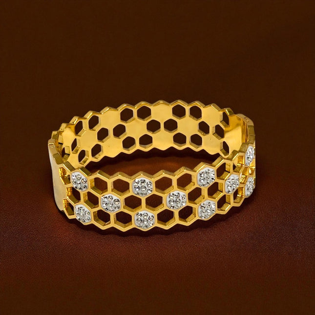 Stylish Honeycomb Design Gold-Plated Bracelet with Sparkling Crystal Studs for Women & Girls