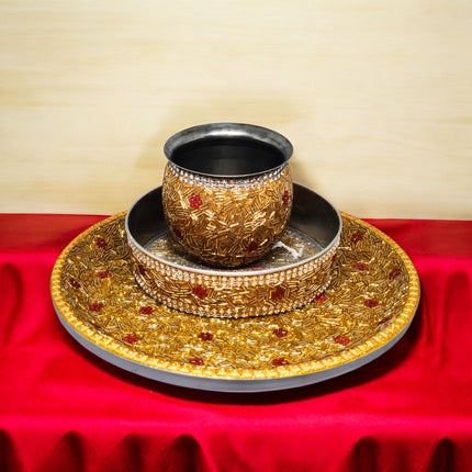Premium Karva Chauth Thali Set for Pooja, Golden Handmade Work Thali with Lota & Chalni
