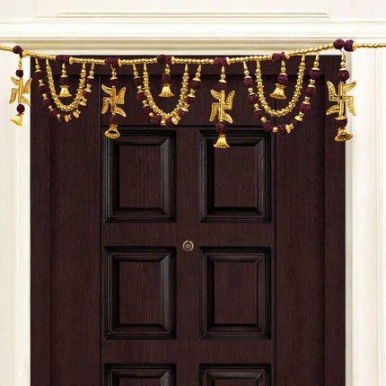 Handcrafted Swastik Toran with Bells & Rudraksha Beads – Perfect for Diwali & Weddings