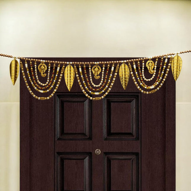 Decorative Beaded Toran with Golden Leaves & Ganesh Design, Door Hanging for Diwali, Navaratri, Festivals & Home Décor