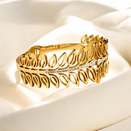 Elegant Leaf Design Gold-Plated Bracelet with Sparkling Stones for Women & Girls