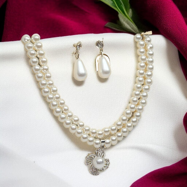 Elegant Pearl Necklace & Earrings Set for Women | Double Layer Pearl Choker with Bow Pendant