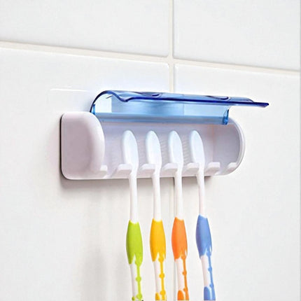 Self-Adhesive Plastic Toothbrush Holder with Cover for Bathroom, 5-Slot Wall Mounted Toothbrush Organizer | BG0004