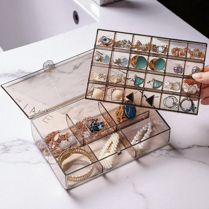 2-Layer Acrylic Jewelry Organizer Box with Lid, 24 Small & 6 Large Grids | Storage Case for Earrings, Necklaces, Rings & Bracelets (1 Pc, Multicolor)| BG0001